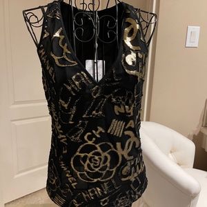 Chanel Graffiti Egypt Egyptian Line Tank Top Cami Shirt Black Gold 38 6